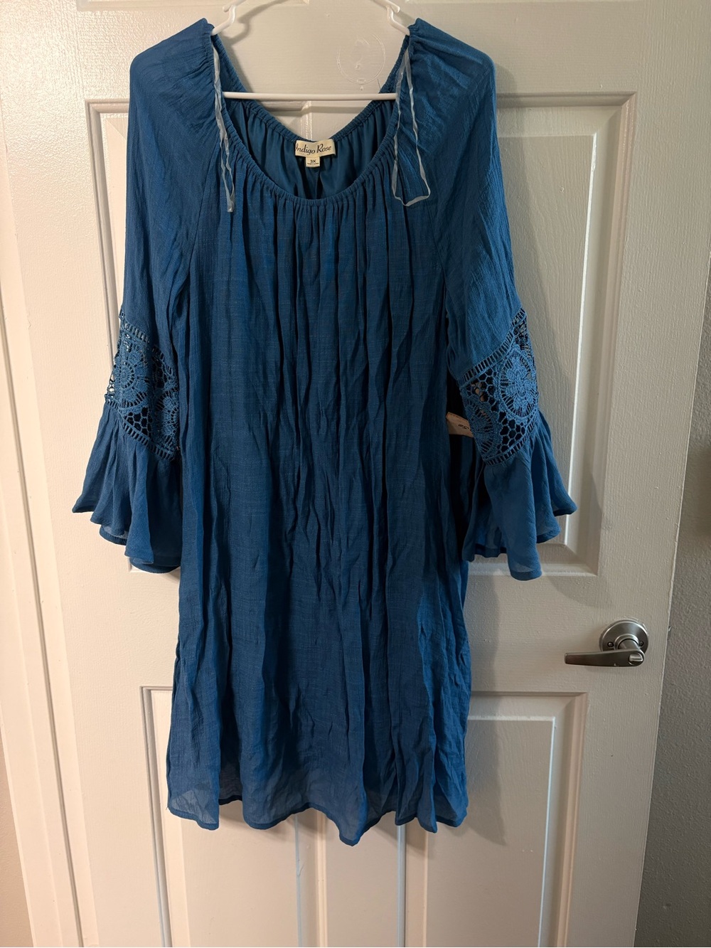 Indigo Rose Blue Boho Crochet Bell-Sleeve Midi Dress